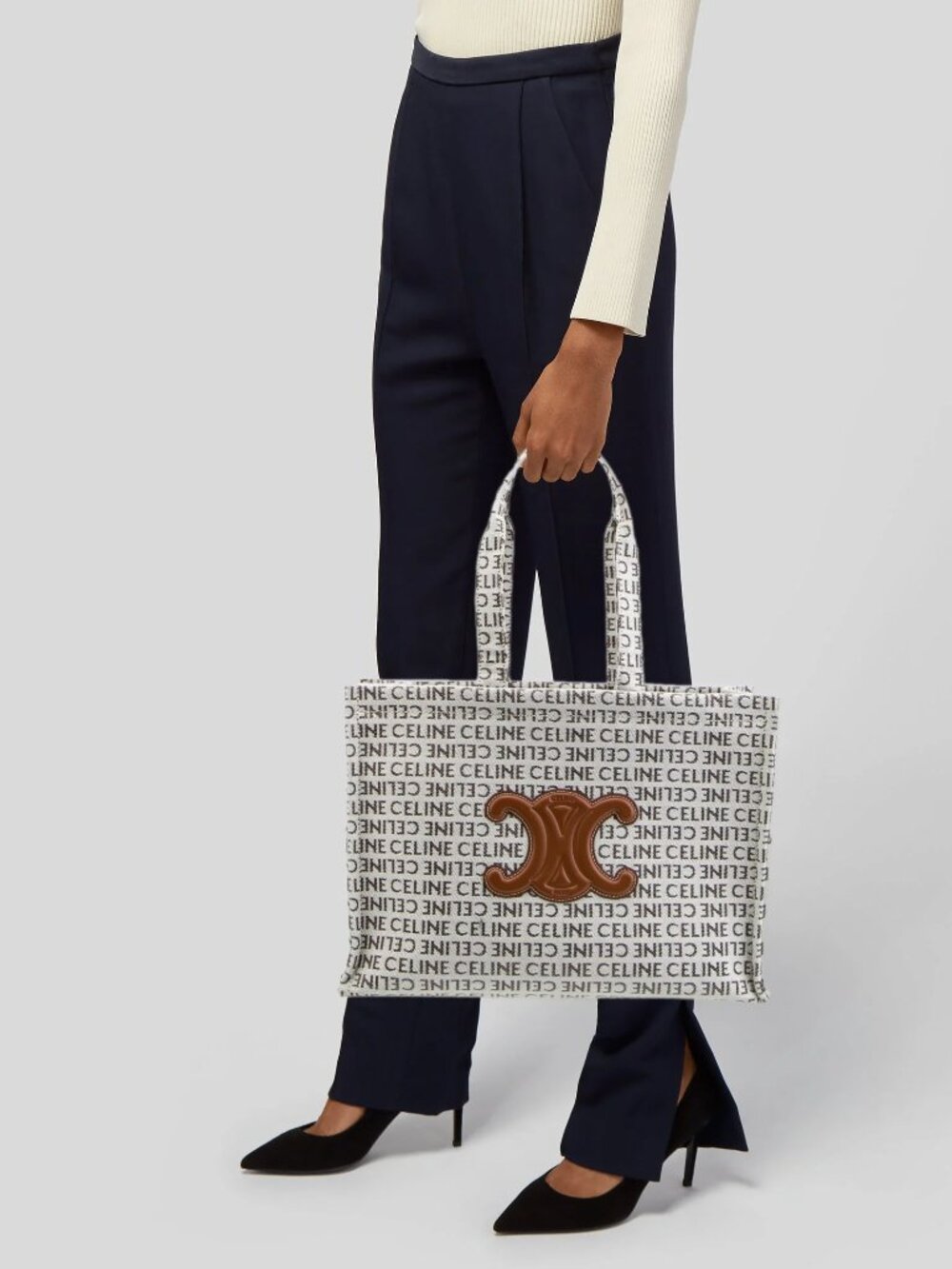 Authentic Celine Triomphe Canvas and Calfskin Leather Tote Beige